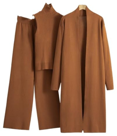 WANAHTON Damen 3 Stück Strickanzug mit Strickhose Pullover und damen-strickjacke outfit damen set elegant，strickhose cozy knit set 3-teilig ，lounge wear women set