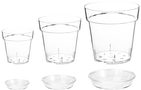 Generico Vaso Trasparente per Orchidee con Fori e Sottovaso, Plastica rigida lucida trasparente, (3, misto 13/15/17cm)