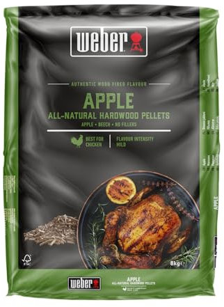 Weber Pellet in legno di melo naturale, per barbecue a pellet, sapore dolce, affumicato, senza riempitivi, ideale per cottura bassa e lenta, sacco da 8 kg