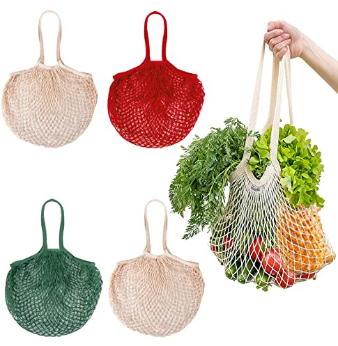 Jesustree Bolsas de Red para la Compra, 4 Pcs Bolsas de Malla Reutilizables, Bolsa Rejilla Fruta y Verduras, Bolsa de Compras de Algodón Portátil y Lavable para Supermercado y Casa (3 Colores)