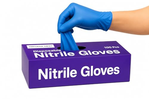 Nirvana Nest Blue Nitrile Gloves - Disposable Gloves, Home cleaning, Food Prep, Mechanic, Beauty Saloon, Hair Styling, Tattoo, Gardening, DIY, Blue Nitrile Gloves, Textured finger tips (Medium)