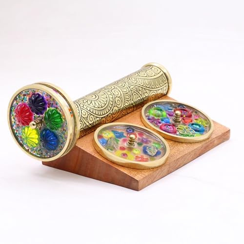 ROORKEE INSTRUMENTS (INDIA) A NAUTICAL REPRODUCTION HOUSE Handmade Brass Kaleidoscope with Interchangeable Wheels and Wood Display Stand-Uncommon DIY Gift Ideas