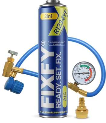 FIXFY 2en1 – Set: Manguera con manómetro, adaptador y refrigerante R1234YF de repuesto incluido aceite – Llene usted mismo el aire acondicionado (para vehículos desde el año de fabricación 2017)
