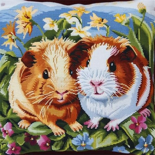 Kitquiver Stickpackung Kissen Meerschweinchen Tiere Und Blumen Diy-Kissenbezug Mit Gobelin-Stickerei,Kissen-Set Für Die Heimdekoration,Stickset Für Anfänger B 17x17In