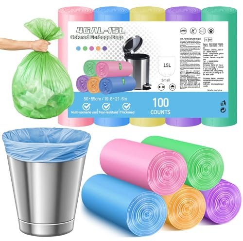 XIQIYY Kleine Müllbeutel, 15 l, flache Öffnung, Papiermüllbeutel, Tretmüllbeutel, Farbe, auslaufsicher, starke Müllsäcke, Badezimmer, Schlafzimmer, Müllbeutel, 100 Beutel