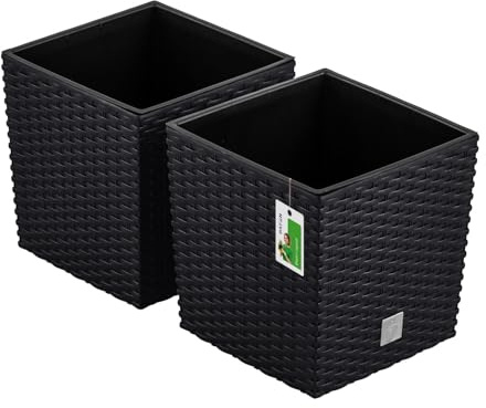 PAFEN 2X Blumentopf Blumenkübel Rattan-Optik 9,8 Liter - 22,5 x 23cm - Pflanzkübel mit Einsatz, Übertopf für Garten, Balkon & Innenbereich, wetterfest, Kunststoff, Anthrazit