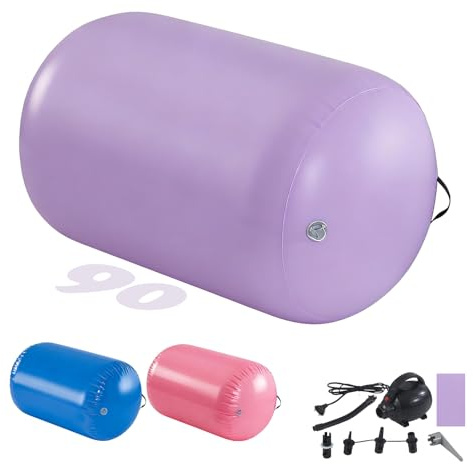 Air Roller Inflatable Tumbling Gymnastics Barrel 60/75/90cm Tumbling Mat Air Tumble Track Mat Backbend Trainer with Electric Air Pump for Training/Yoga/Backflip/Home Use (Purple, 90cm)