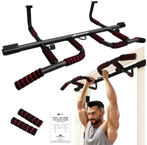Rhinosport Barra per trazioni Multifunzione Sbarra Trazioni, Barra per Porte, Regolabile da 65 cm a 92 cm senza viti （Extra gratuito maniglie ）