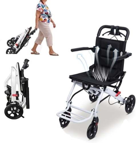 Transportrollstuhl Leicht Faltbar (6,2 Kg), Reise Rollstuhl Mit Handbremse, Aluminium Rahmen, 16 Zoll Sitzbreite, Tragkraft 82 Kg, Tragbarer Faltrollstuhl Für Senioren & Pflege