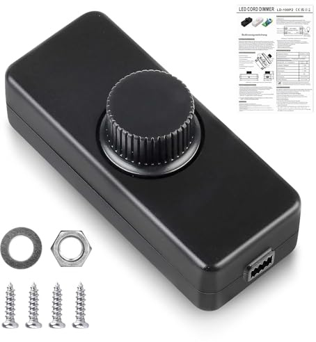 Interruttore dimmer a LED girevole, 220 – 240 VAC/50 Hz per lampade LED, 3 – 100 Watt, dimmer a cavo, interruttore dimmer per LED dimmerabili e lampada alogena (nero)