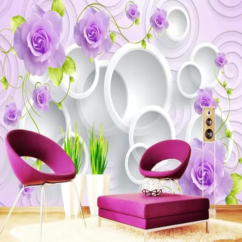 XLMING Stéréoscopique Violet Fleurs Géométrique Cercle 3D Papier Peint Luxe Décoration Manger Adulte Intérieure Salon Canapé Chambre Fond TV Mur-150cm×105cm