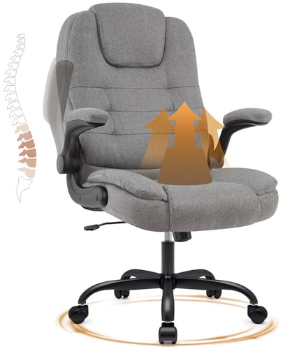 IWMH Ergonomischer Bürostuhl,Schreibtischstuhl mit Hochklappbaren Armlehnen | Chefsessel Stoff Hohe Rückenlehne Höhenverstellbar für Home Office & Büro (Grau)
