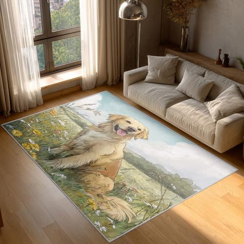 Generisch Fußmatte Golden Retriever 60x90 cm, Teppich Niedliche Hund Wildblume Weicher Waschbarer Antirutsch Kurzflor Carpet für Eingangsbereich Bettvorleger P-&56