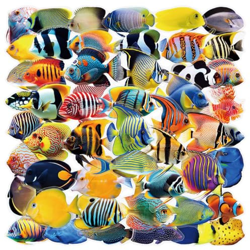50 Pcs Sea Fish Stickers Laptop Car Scrapbook Phone Skateboard Suitcase Luggage Bike Fish Transparent Vinyl Waterproof Aesthetic Personalised Stickers for Adults