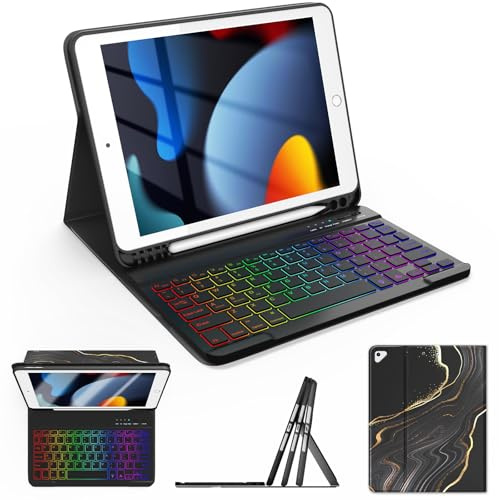 Keyboard Case for iPad 9th Generation 10.2 Inch Marble Texture Design | Pencil Holder, Detachable Bluetooth Keyboard for iPad 9th/8th/7th Generation Case with Keyboard