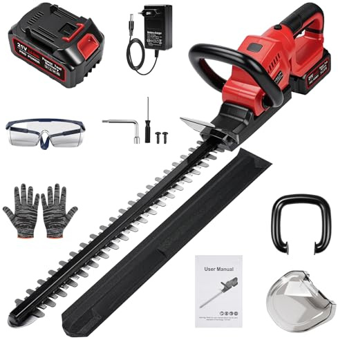 Taille Haie sans Fil 21 V avec Batterie 3000 mAh et Chargeur, Longueur de Coupe 56 cm, Écartement des Dents 18 mm, Lame Sk5 Double Tranchant, Taille-Haie Électrique pour Haies, Arbustes et Jardins