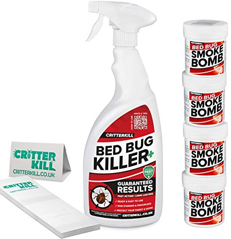 CritterKill Bed Bug Killer Kit - For Low Level Home Infestation - Bedbug Spray + Smoke Bombs + Insect Traps (1L / 4x16g / 6)