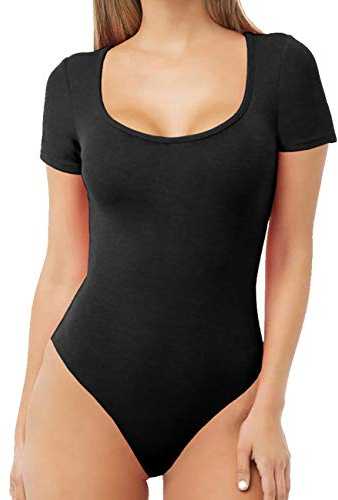MANGDIUP Women's Scoop Neck T Shirts Basic Bodysuits Jumpsuits (Short Sleevee Black-S)