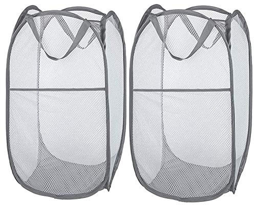 Larpur 2 Pcs Popup Mesh Laundry Baskets, Collapsible and Portable Clothes Washing Laundry Hampers with Reinforced Carry Handles, Gray Clothes Hamper for Home, Travel, College Dorm