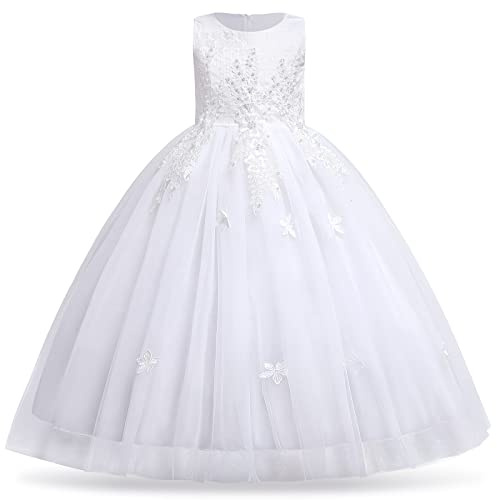 IWEMEK Robe Enfant Fille Mariage Tulle Dentelle Princesse Longue Fleur Brodée Soirée Demoiselle d'honneur Tutu sans Manches pour Pageant Baptême Fête Anniversaire Carnaval Blanc 7-8 Ans