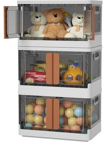 HAIXIN Storage Boxes with Lids - Collapsible Bin, Really Useful Box, 45L Plastic Stackable Organiser Storage and Organization, Foldable Container with Door,Suitable for Toy Bedroom Living Room(3 Pack)
