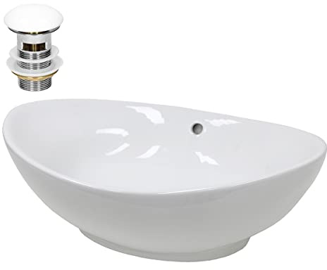 ECD Germany tvättställ, 590 x 390 x 200 mm, vit, tillverkat av keramik, ovalt bänkhandfat inkl. avloppsarmatur med bräddavlopp, bänkskiva tvättställ tvättskål handfat