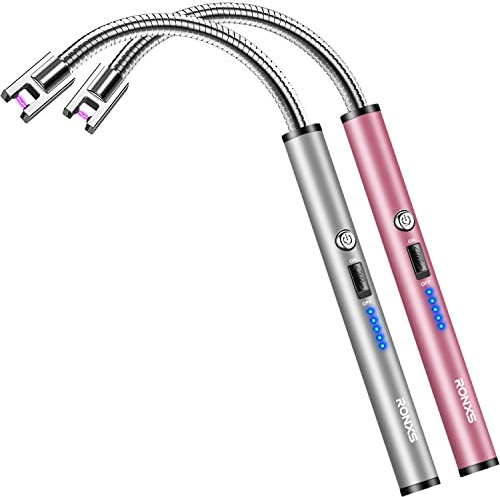 RONXS Lighter Electric Lighter Rechargeable Arc USB Candle Lighters with LED Battery Display, Flexible Neck Windproof Flameless Plasma Long Lighters for Candle BBQ Camping (Silver&Pink)