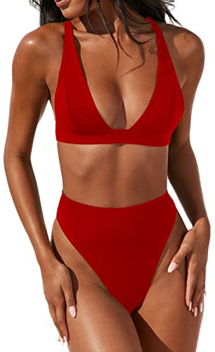 Women Cheeky Bikini Swimsuits Adjustable Straps Self Tie Triangle Top Sexy Deep V Neck Swimwear High Leg Cut Bikini Sets(Red,L)