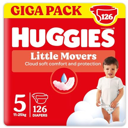 Couches Huggies Little Movers, taille 5 (11 à 25 kg), ultra absorbantes, motif Disney, lot de 126 pièces