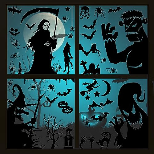 TOPJOWGA Halloween Fensterbilder, Halloween Fensterbilder Sticker, Geist Fledermäuse Schädel Kürbis Fenster Aufkleber Wandaufkleber, Dekoration Aufkleber für Fenster
