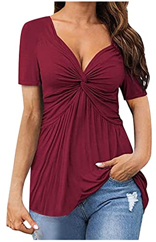 T Shirts for Women UK Clearance,Ladies Tie Front Blouse Elegant Going Out Tops Short Sleeve Shirt Low Cut V Neck Loose Summer Tee Shirt Pleated Floaty Work Dressy Longline Tunic Tops Wine