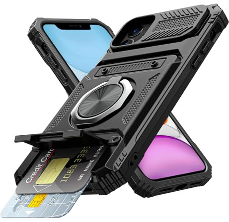 Coolden for iPhone 11 Case with Card Holder [Max 2 Cards] Ring Holder Kickstand Armor Shockproof Military Grade Dual Layer Heavy Duty Protective Case Wallet Case Cover for iPhone 11 Phone Case-Black