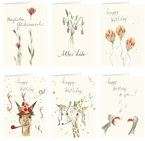 Annelis Art Geburtstagskarten Set | 6 Klappkarten mit Umschlag (Kraftpapier) | Karten für Geburtstag inkl. Briefumschläge | Geburtstagskarte für Mann, Frau, Kinder | DIN A6 (10,5 x 14,8 cm)