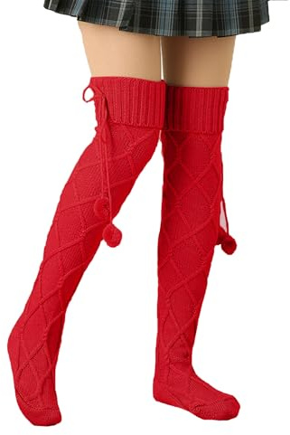 YAMEE Overknees strumpor för kvinnor tjocka varma vindtäta, knästrumpor damer vinter köldskydd, manschetter damer fashionabla söta, termostrumpor, höga långa ankelstrumpor benvärmare, röd, one size