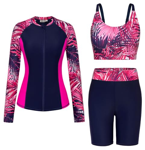 GRACE KARIN Damen Wassersport Badeanzug 3-teilig Langarm Cardigan Crop Top Hochbund Shorts Schwimmbekleidung Rosarote Blätter S