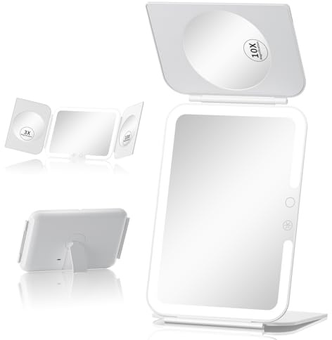 Tri-fold Travel Lighted Makeup Mirror,1X/3X/10X Magnifying vanity mirror