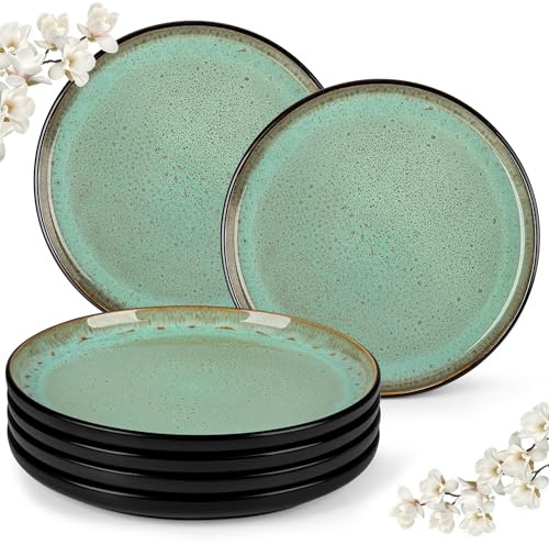 vancasso Amber Dinner Plates Set of 6, 10.5in Ceramic Plate, Microwave and Dishwasher Safe, Scratch Resistant and Lead-Free, Unique Handmade Dessert Plate for Kitchen and Entertaining(Green)