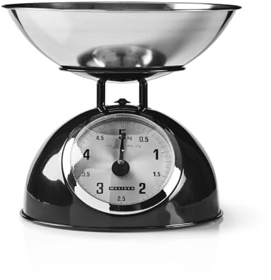 Melissa Mechanische Küchenwaage, Analog mit Edelstahlschüssel, Küchenwaage Digital, Waage Küche, Küchenwage, Küchenwaagen 5kg Kapazität, 25g Skalierung, Schwarz, Abnehmbare Schale, Metallgehäuse