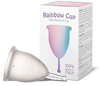 Rainbow Cup, taza menstrual fabricada en Italia, de silicona médica sin látex y aditivos, cómoda, ecológica, segura, además de variantes, copa menstrual suave, transparente, talla 2