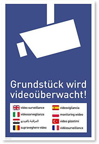 Achtung Videoüberwachung Schild (20x30 cm Kunststoff) - Warnschilder und Hinweisschilder - Videoüberwacht Schilder (Mehrsprachig Blau)
