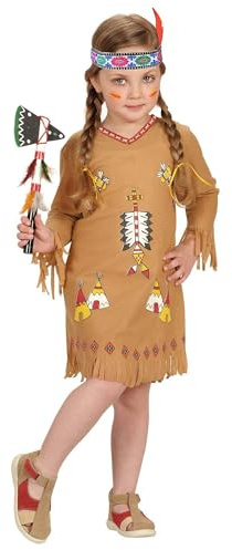 Widmann - Kinderkostüm Indianerin, Kleid und Stirnband mit Federn, Wilder Westen, Motto-Party, Karneval | Mit Kleid und Stirnband für Karneval, Mottoparty und Western-Events