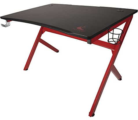 Konix Drakkar Bureau Gaming Frigg 115 x 73,5 x 76 cm en Forme de K - Fibre de Bois et Acier - Porte gobelet et Support Casque Inclus - Noir et Rouge