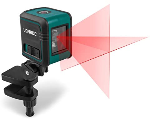 VONROC Niveau Laser Croisé à Ligne Rouge - Autonivelant, Portée de 10 Mètres, Affichage Automatique de l'Écart - Travaux, Mesurer Niveaux Laser - 2 piles AAA incluses pour 14 heures de Travailv