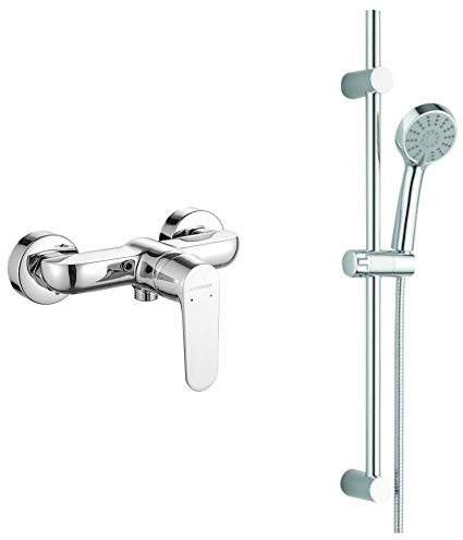 VBChome Badarmatur mit Brauseset Aufputz Duscharmatur verchromt Strahlregler Keramikkartusche Hochdruck-Armatur Einhebel Einhebelmischer Duscharmaturmischer Duschset 3 Strahlarten Brausegarnitur