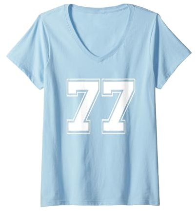 Femme T-shirt de baseball pour anniversaire Motif numéro 77 T-Shirt avec Col en V, Bleu Céleste, L
