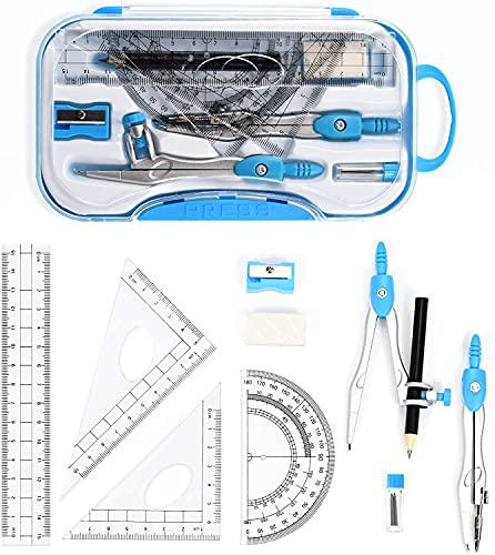 Geometrie Set, 10 teiliges Kompass Schul Mathe Winkel Schreibwaren Kit Lineale Pädagogisches Zeichenset für Schüler in Mathematik und Ingenieurwesen in Tragetasche Blau