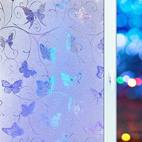 Butterfly Frosted Glass Window Film Window Privacy Film,Bathroom Decor Privacy Window Film Day and Night Static Cling 90% UV Heat Blocking Window Clings(17.5 x 78.7 inch)