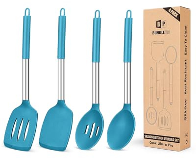 Juego de 4 utensilios de cocina de silicona, espátulas grandes y sólidas antiadherentes, cucharas ranuradas azules resistentes al calor, ideales para freír, mezclar, servir, drenar, dar la vuelta y