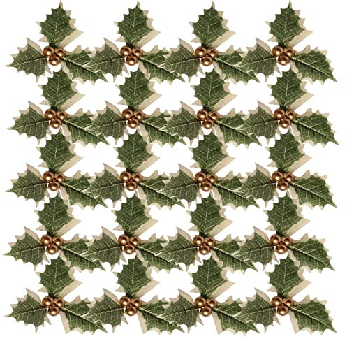 30 Pcs Artificial Holly Leaves with Berries Holly Leaves and Berries for Craft Christmas Decorations Flowers Holly Cake Decorations Wrapping Accessories Gift Wrap Accessories Gift Present Toppers