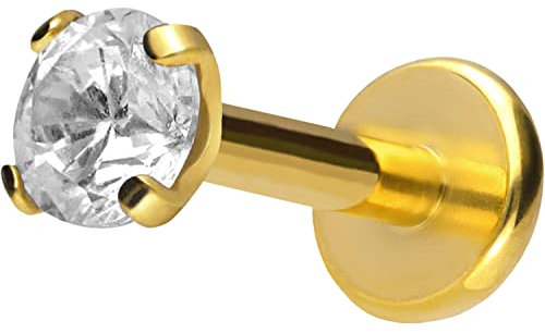PIERCINGLINE Titan Labret mit Push Fit EINGEFASSTER KRISTALL Piercing Ohr Conch Tragus Lippe Nase Medusa Goldfarben 1x8x3 mm